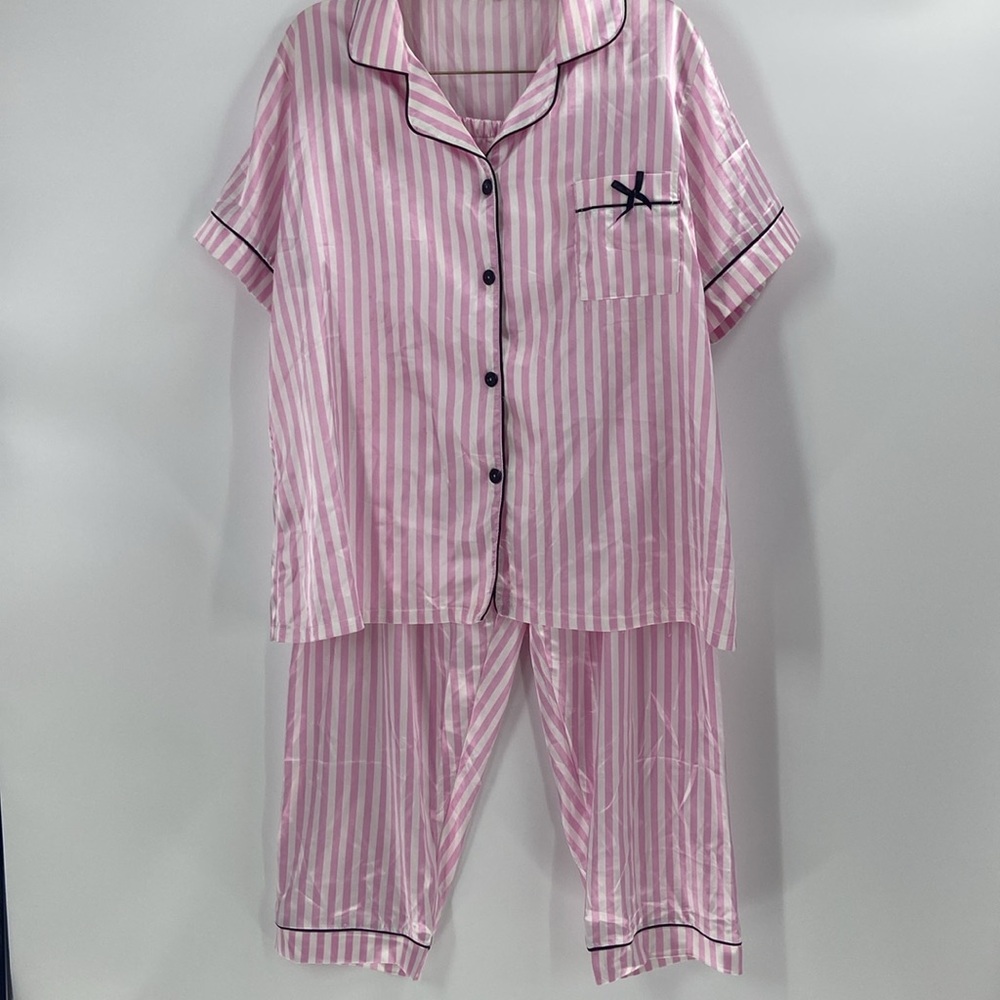 Pink and white striped two-piece pajama set satin feel summer lounge wide leg